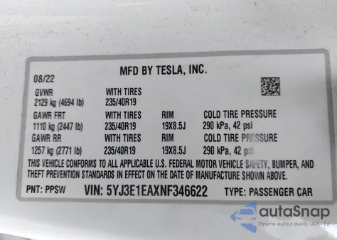 2022 Tesla Model 3 Rear-Wheel Drive from USA, damaged, VIN 5YJ3E1EAXNF346622